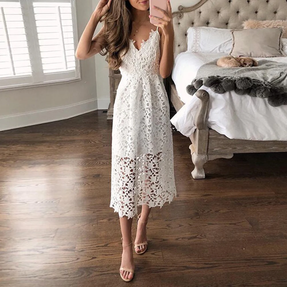 Летнее пляжное вечернее женское кружевное платье миди с v образным вырезом и