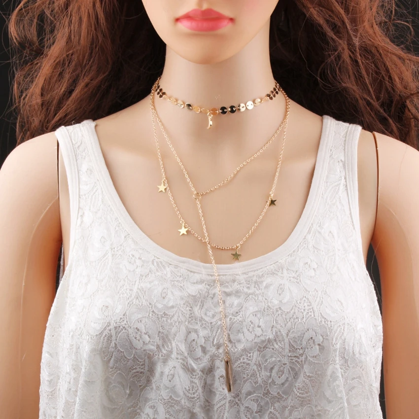 DiLiCa Korean Fashion Choker Necklaces for Women Layering Alloy Star Chain Necklace Pendant Female Long Pendants | Украшения и