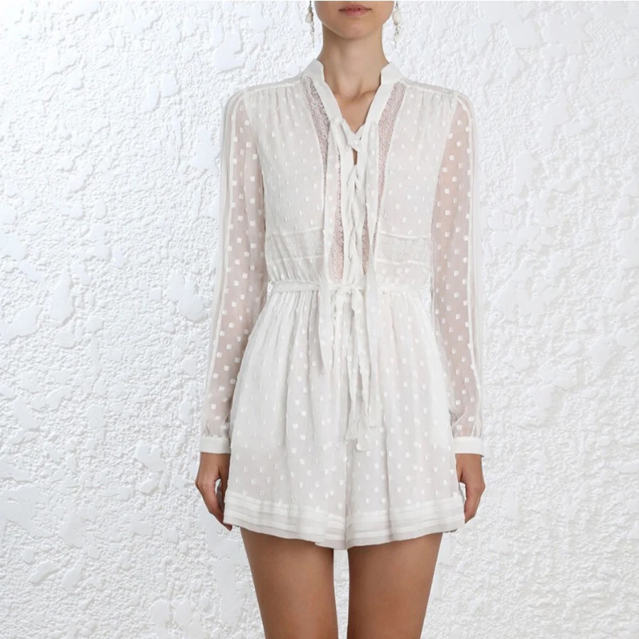 TEELYNN boho женские белые комбинезоны в горошек шифоновые кружевные с длинными