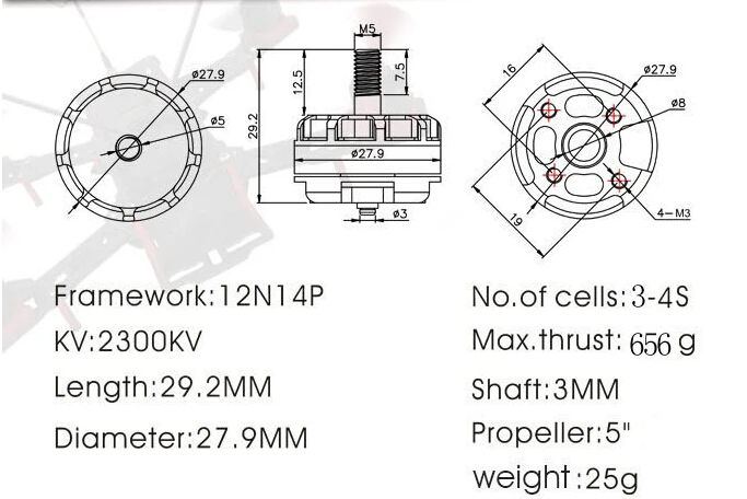 4 x Emax MT2204 II 2300KV охлаждающий бесщеточный двигатель CW CCW 2-4S для мини-квадрокоптера