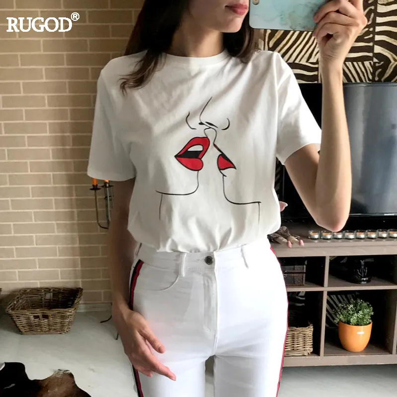 RUGOD 2020 летняя Горячая Распродажа Kawaii Red Kiss принт хлопковая Футболка Harajuku Женская