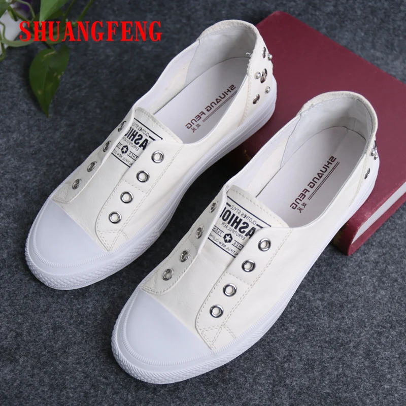 SHUANGFENG 2018 Spring Fashion Rivet White Shoes Women Sneakers Leather Flats for Woman Ladies Casual zapatos mujer | Обувь