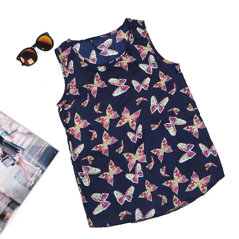 

2018 Summer Sleeveless Ladies O-Neck Butterfly Women Slim Sexy Chiffon Shirt