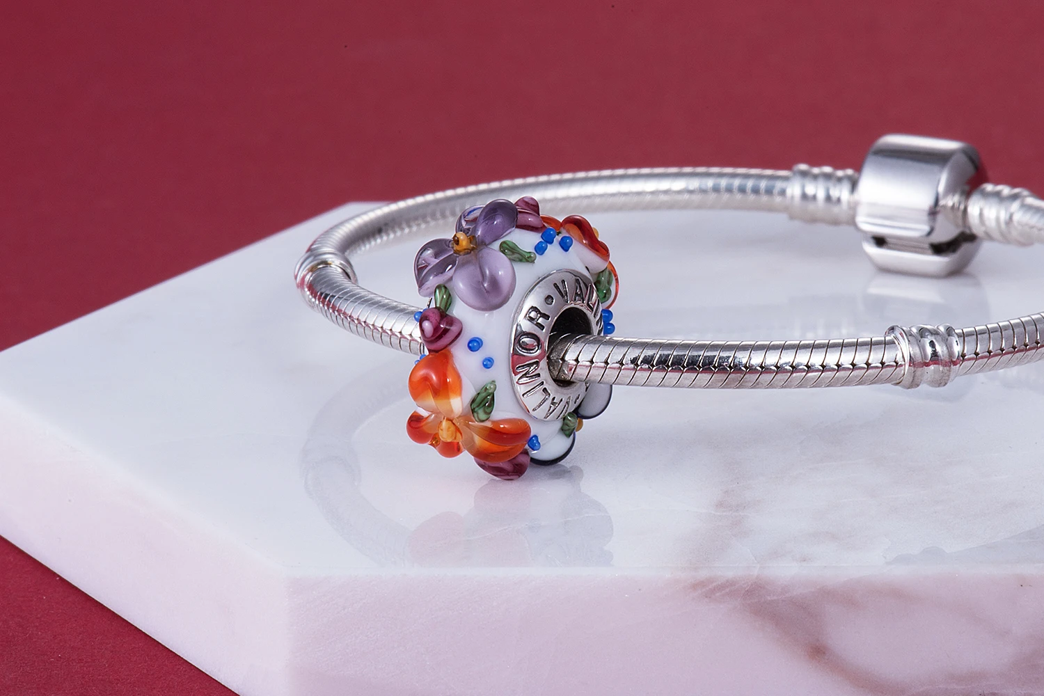 Фиолетовые цветы Стекло бусины 925 серебро Fit Pandora Браслеты и браслеты для Для женщин Jewelry Mum G GCLL039-2