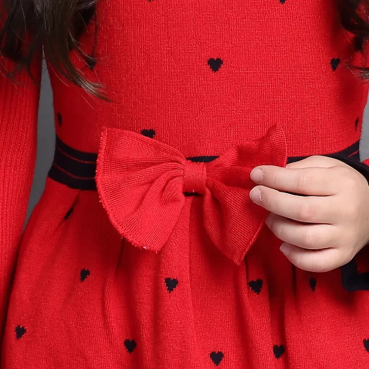 Kids Girls' Fall Winter Dress One-piece Sweater with Bow Heart Shape Printed Knit 1192 | Детская одежда и обувь