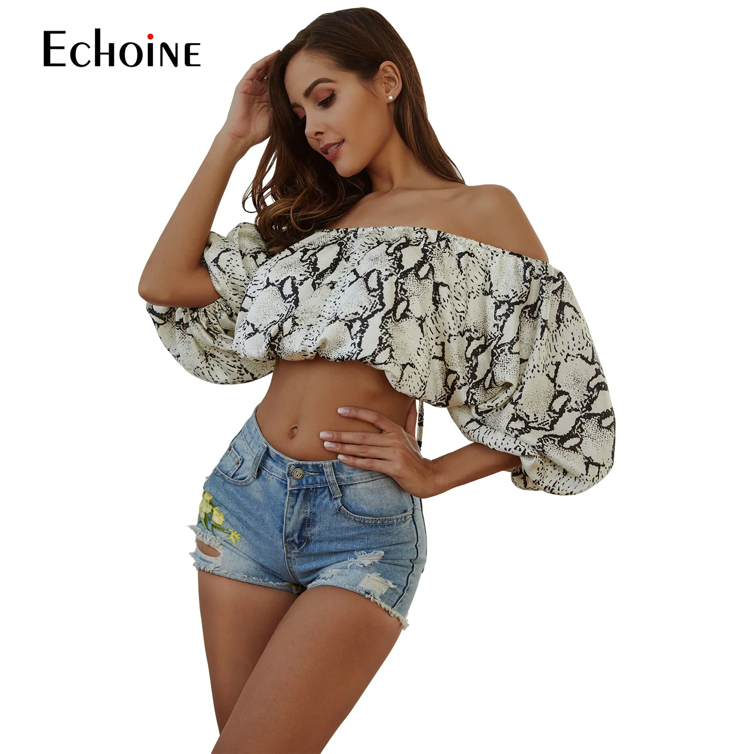 Женский укороченный топ со змеиным принтом с открытыми плечами и летняя пляжная