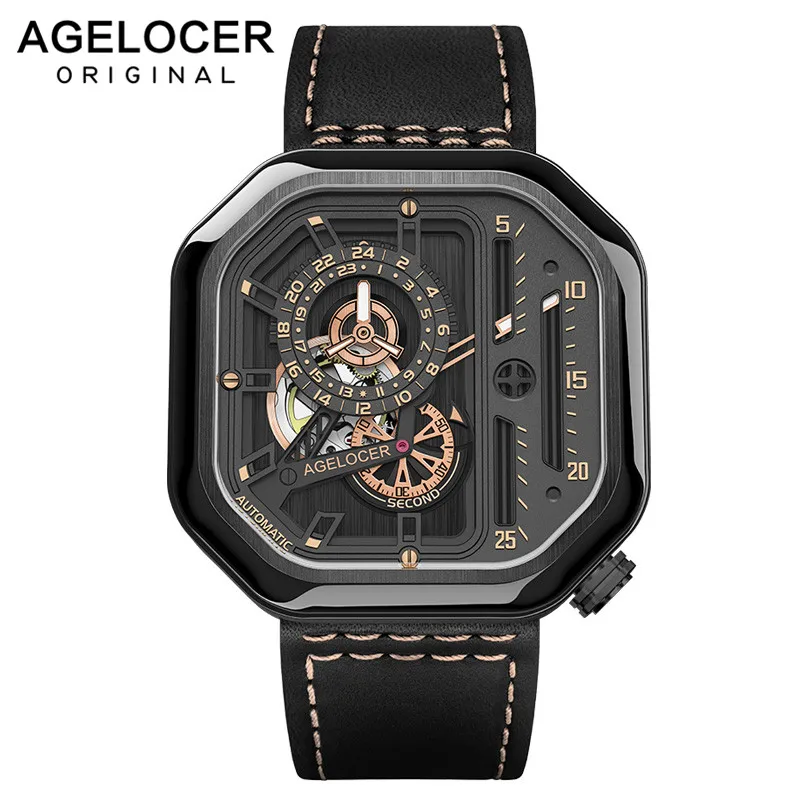 

AGELOCER Square Lumious Sport Luxury Men Automatic Watch Skeleton Steel Waterproof Mechanical Clock 5803J3