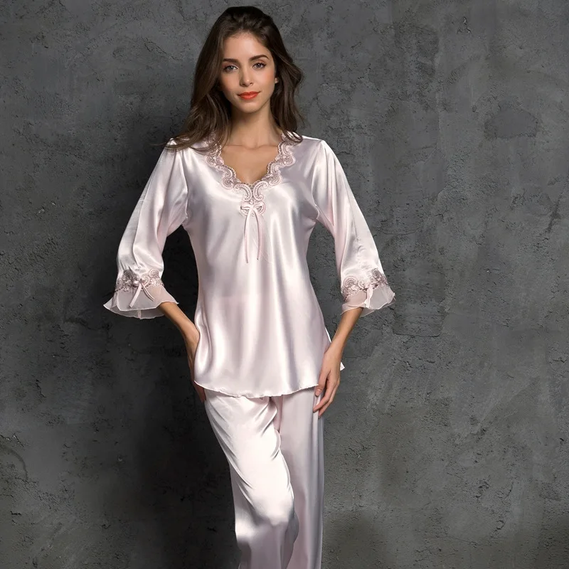 spring and autumn women's pajamas lace V-neck long sleeve clothes+ pants pajamas set satin silk sleepwear female home suit