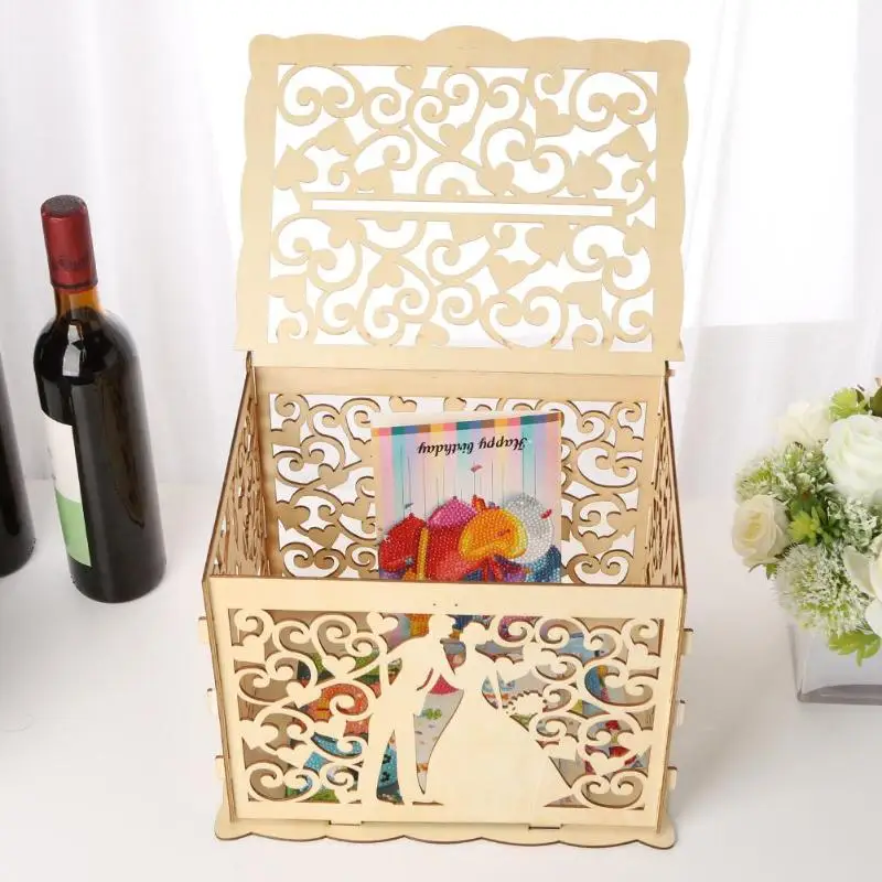 Сладкий резной деревянный DIY свадебный чехол, Подарочная коробка для карт, держатель для денег, крафтовый замок, красивые свадебные украшения