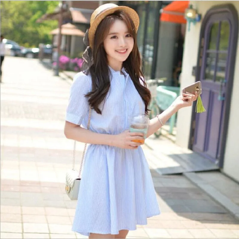 Модное корейское женское летнее платье OLGITUM 2020 с коротким рукавом белые и синие