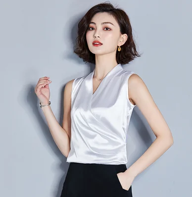 Dingaozlz летняя футболка для женщин blusa новая однотонная Повседневная рубашка с v-образным вырезом без рукавов Женские топы - Цвет: White
