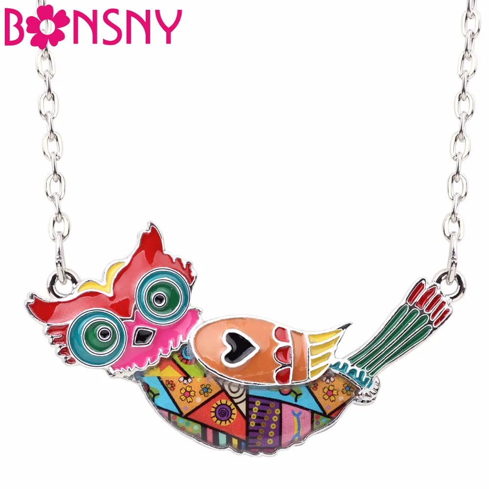 

Bonsny Statement Enamel Alloy Flying Owl Bird Necklace Pendant Chain Collar Novelty Animal Jewelry For Women Girls Gift Original