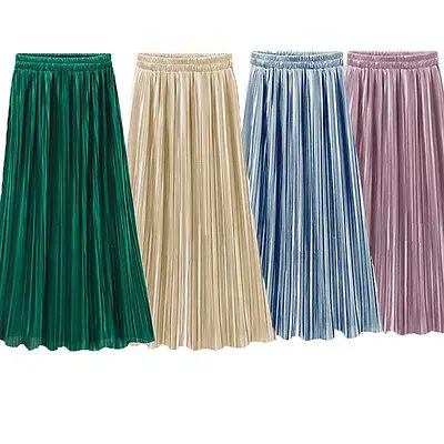 Vintage Women Metallic Luster Stretch High Waist Plain  Flared Pleated Long Skirt Gold Sequined Skirts
