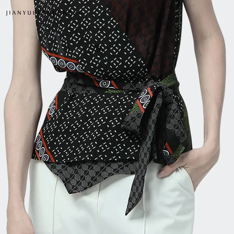 

2019 Fashion Patchwork Print Chiffon Blouse Ladies Sleeveless Crossed V Neck Tops With Belt Slim Womens Summer Casual Blouses