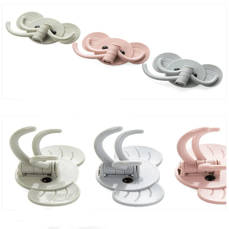 

2pcs Multifunction Elephant Wall 3 Hook Plastic 180 Degree Rotating Kitchen Bathroom Free Punching Cartoon Strong Seamless Hook