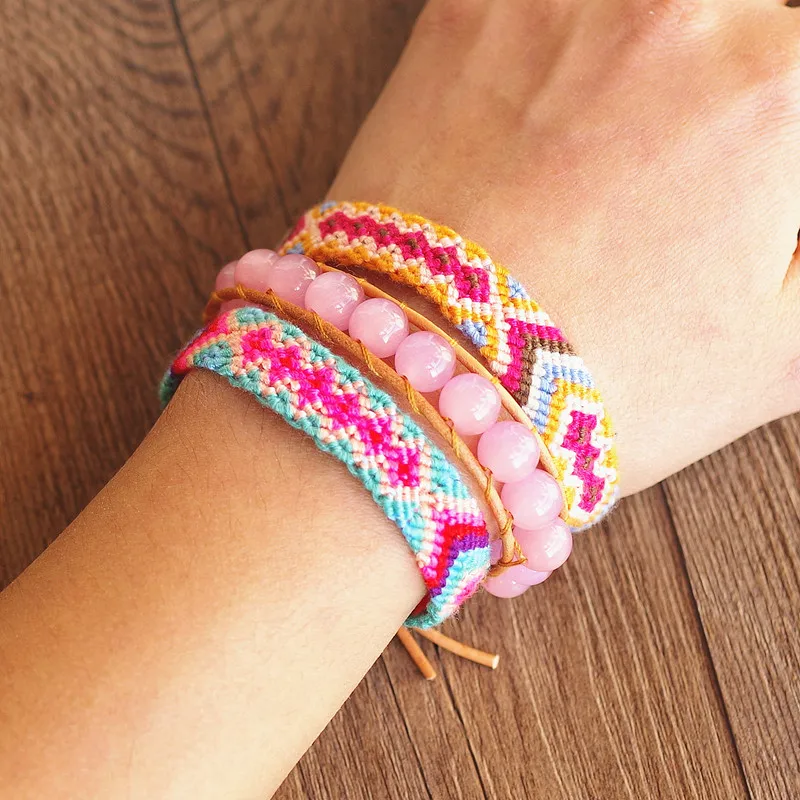 3pcs/set Bohemia Leather Bracelet Set for Women Pink Opal Beaded Strand Charms Boho Party Beach Handmade Jewelry Gift | Украшения и