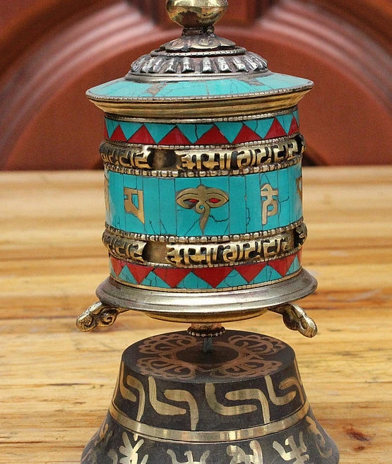 Старый Тибет Буддизм Храм Бронзовый Инкрустация Бирюзовая Молитвы Колеса Ступа