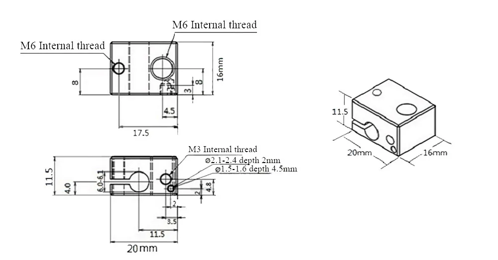 Алюминиевый V6 тепловой блок для V5 V6 J-head экструдер HotEnd 3D принтеры части нагревателя Горячий Конец нагревательные аксессуары 20*16*12 мм часть 1