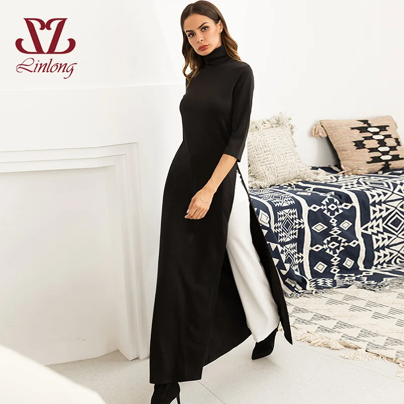 2018 женская одежда черный вилка случайные свободные платья осень трикотажные