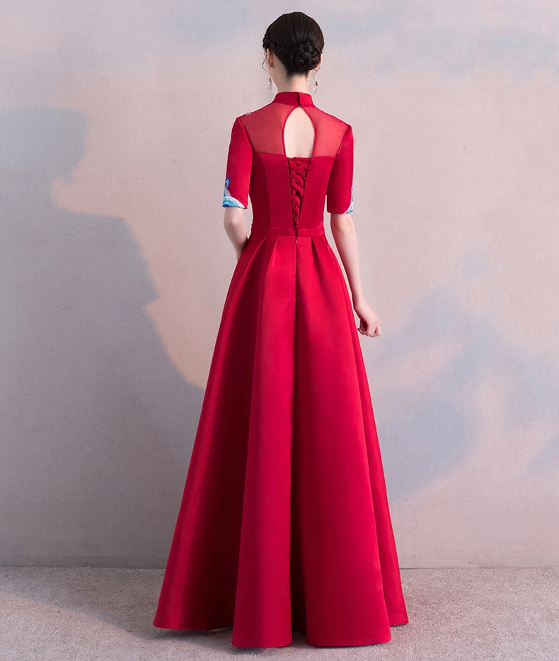 Женское длинное платье Ципао красное с вышивкой для свадьбы в китайском стиле S-XXL