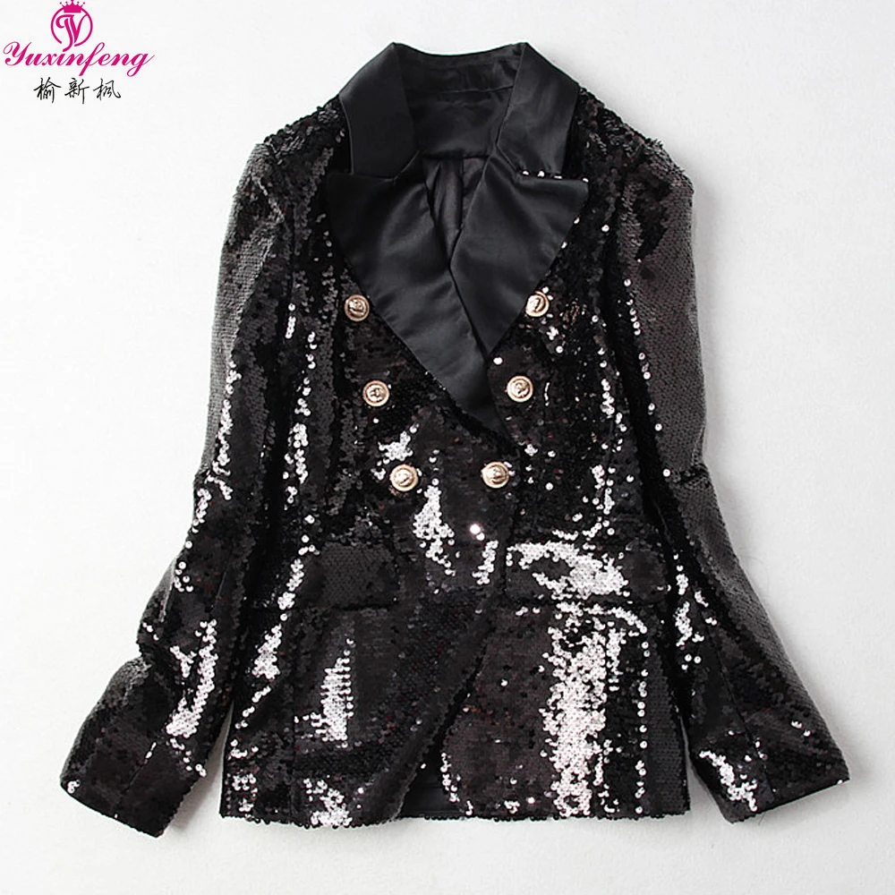 

Yuxinfeng 2019 Spring Sequin Blazer Jacket Women Fashion Golden Button Slim Office Ladies Casual Blazers Runway Coat Black