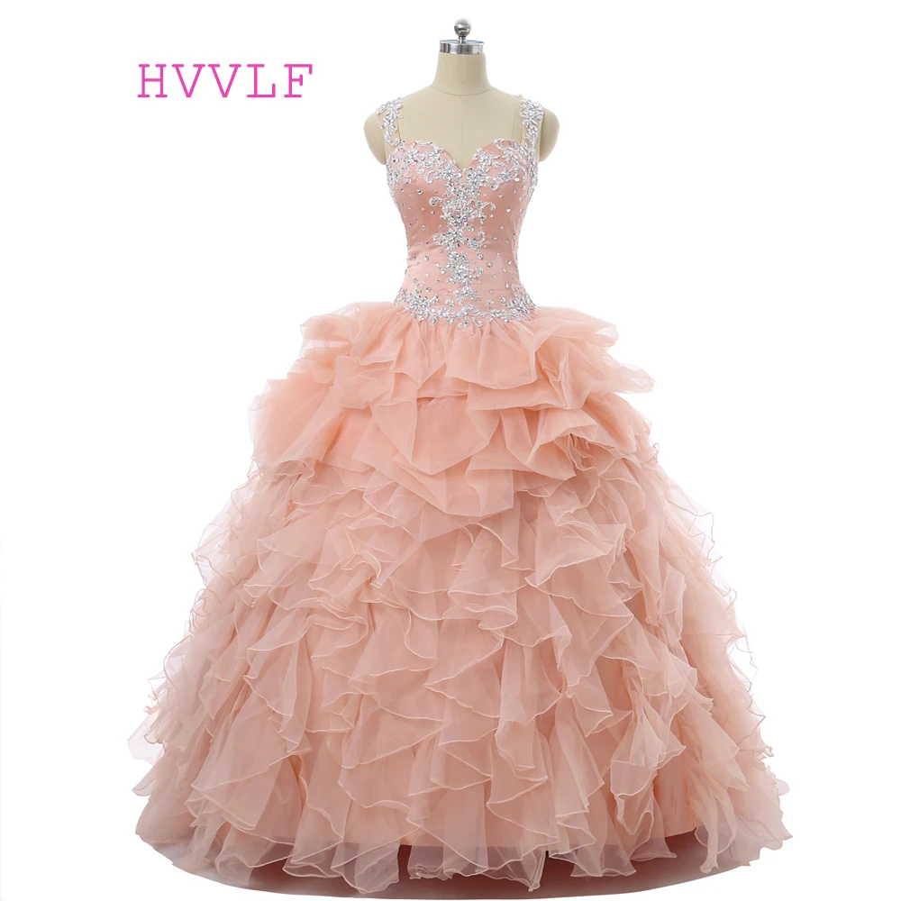 Персиковое недорогое бальное платье Quinceanera милое из органзы с кружевной