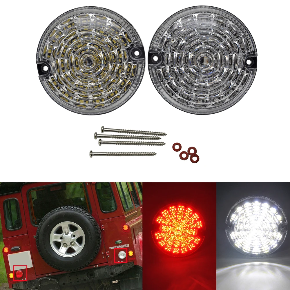2pcs Clear Round Rear Fog Lamp Backup Reversing Light 95MM LED Upgrade Kit For Land Rover Defender Clear Lens White+Amber Lamps