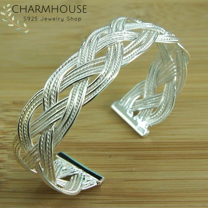 

CharmHouse 925 Silver Bangles For Women Mesh Cuff Bangle & Bracelet Adjustable Wristband Pulseira Femme Wedding Jewelry Bijoux