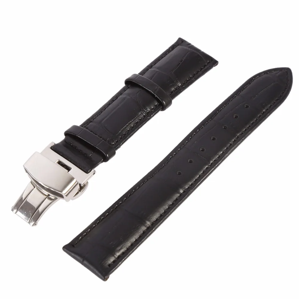 Butterfly buckle Watchband Genuine Leather Black Coffee Watch Band 16mm 18mm 20mm 22mm 24mm Strap | Наручные часы