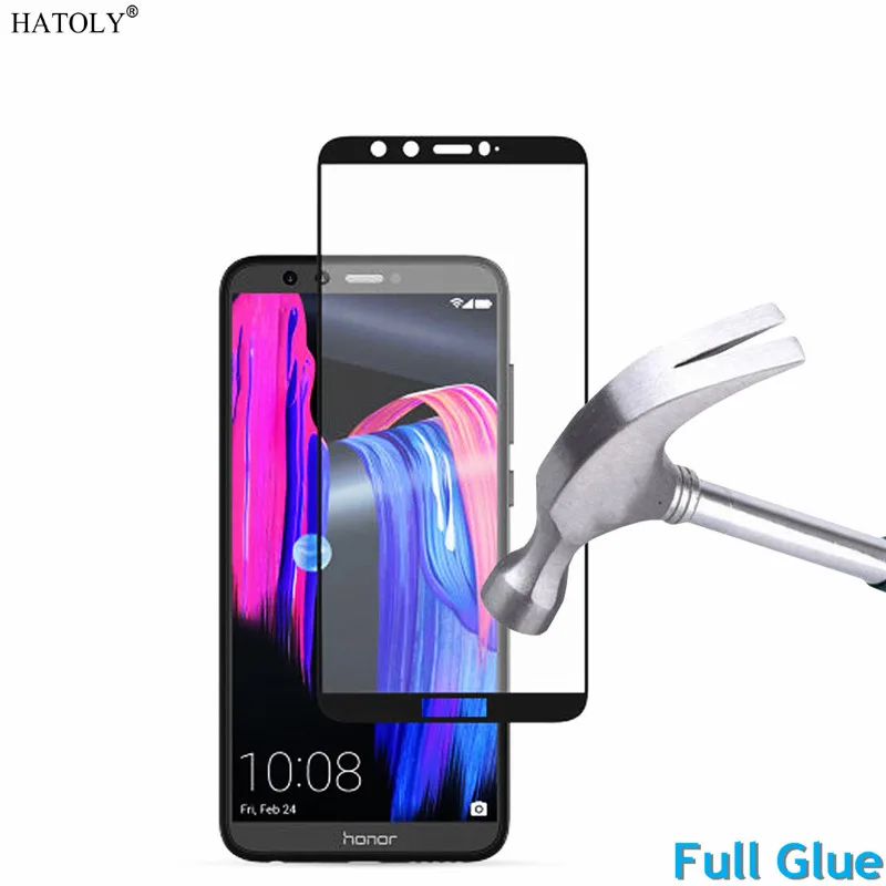 Protector de pantalla de vidrio templado con pegamento completo para Huawei Honor 9 Lite, cubierta completa, pel&iacute;cula a prueba de polvo, HATOLY-0
