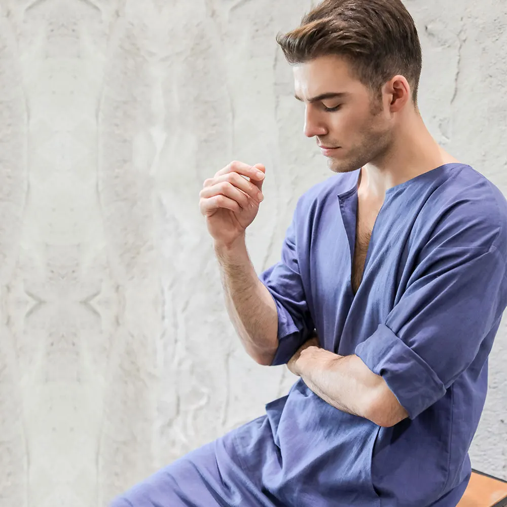 

7 VEILS Men's Robe Casual Kaftan Cotton Thobe V Neck Long Gown Side with Pockets Caftan Sleepwear Nightgowns Nightshirt