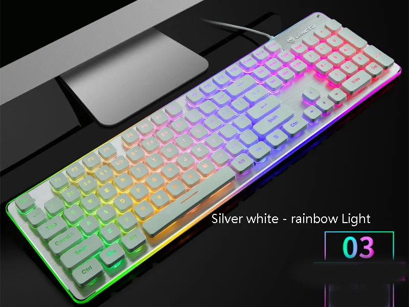 White-Rainbow Мембранная игровая клавиатура, Красочный светодиодный подсветкой Бесшумная клавиатура для учебы, цельнометаллический Панель USB Проводная 25 Anti-ghosting компьютер - Цвет: White-Rainbow