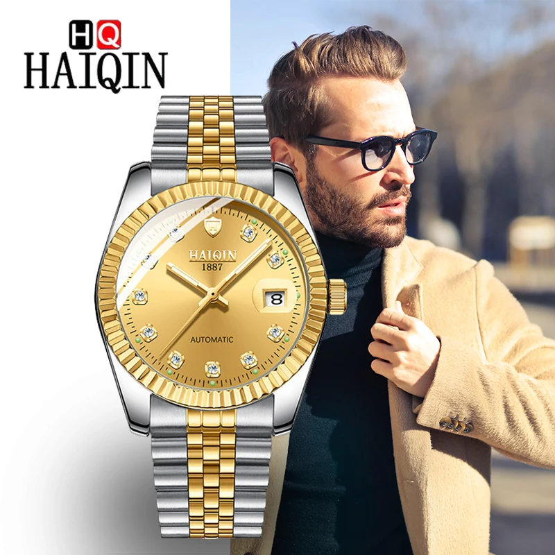 Часы наручные HAIQIN Мужские механические брендовые роскошные золотистые в стиле