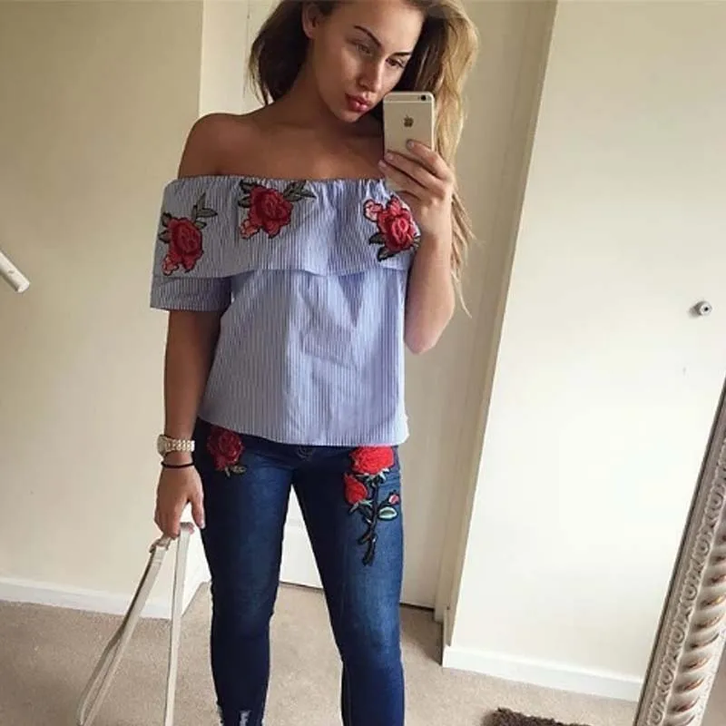 2019 Sexy women shirt with collar shoulder and back embroidered rose stripes |