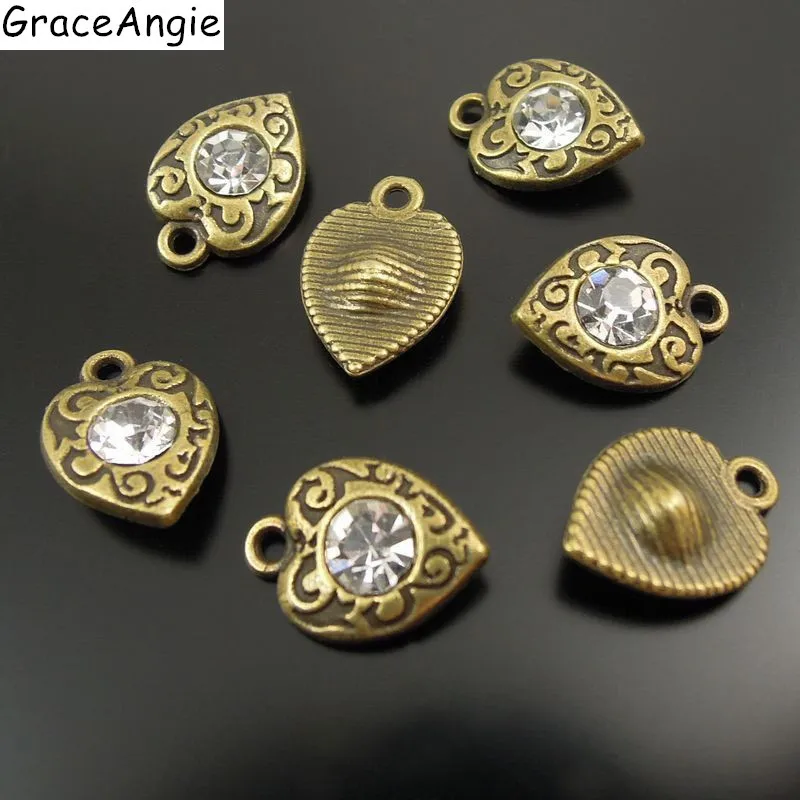 10pcs/pack Vintage Jewelry Antique Style Bronze Tone Hearts Rhinestone Charms Necklace Pendant 11*9*3mm Elegant Women AU37390|charms tools|pendant
