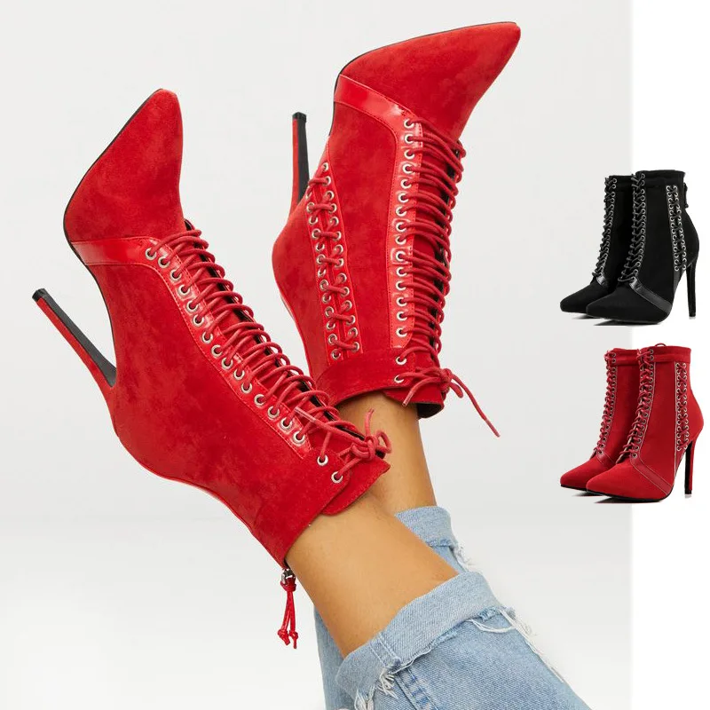 

Koovan Women's Boots Fashion Women's Short Boots 2018 Winter New Pointy Strap Suede Super Heels Red Wedding Shoes