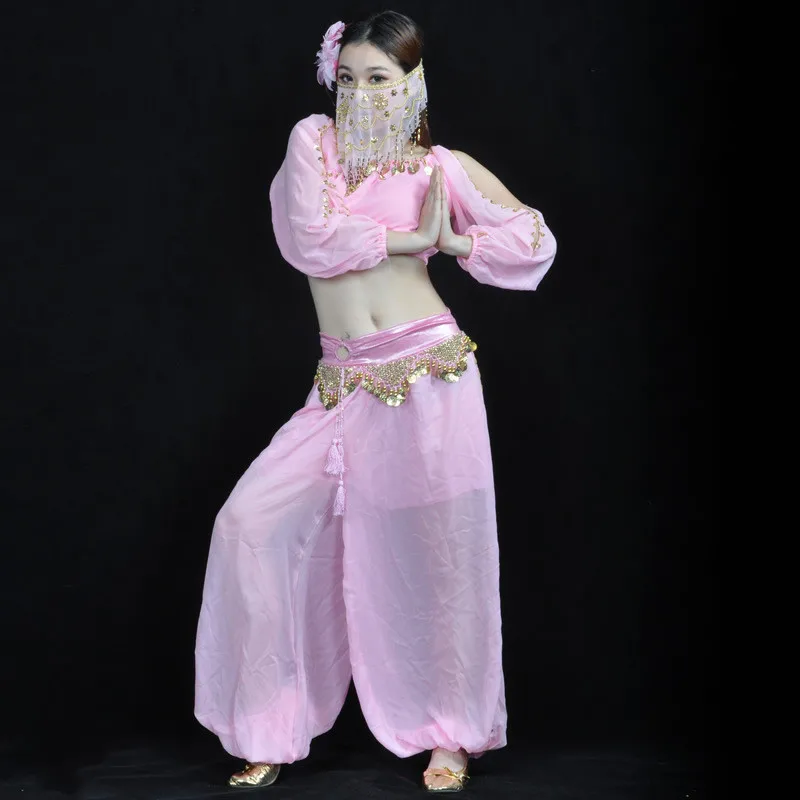 Pink Женский костюм для танца живота Египетский костюм Болливуд для взрослых индийский танец 3 шт. комплект фонарь с длинным рукавом+ шаровары+ Лицевая вуаль - Цвет: Pink