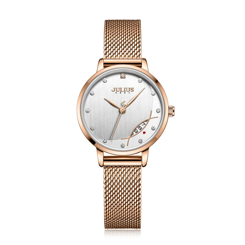 Rose Gold Тонкие Авто Дата из нержавеющей стали женские часы Япония Mov't Hours модные элегантные часы браслет девушки подарок на день рождения Julius Box - Цвет: Rose Gold