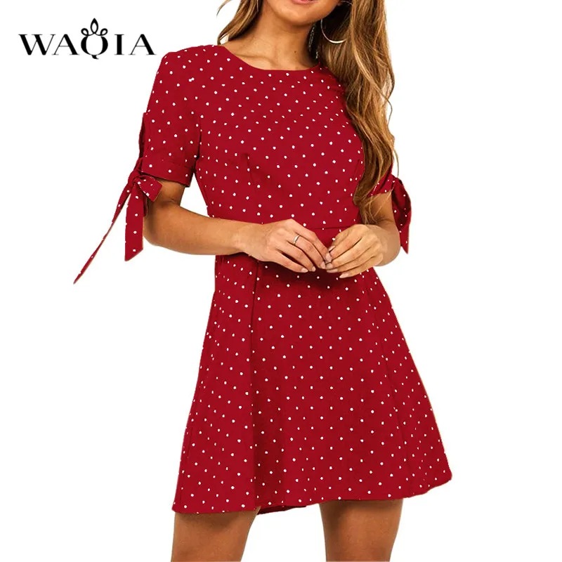 WAQIA 2019 женское летнее платье в богемном стиле шифоновое пляжное горошек туника