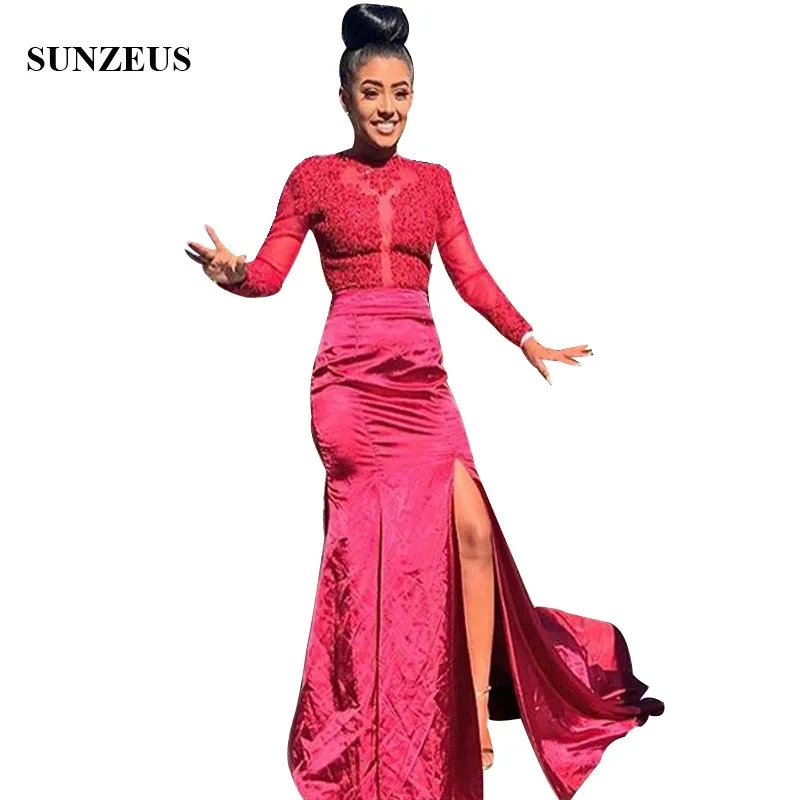 

2022 Prom Dresses Red Mermaid Long Sleeves Appliques Party Gowns With Side Slit Sweep Train Satin Sexy Women Long Gowns