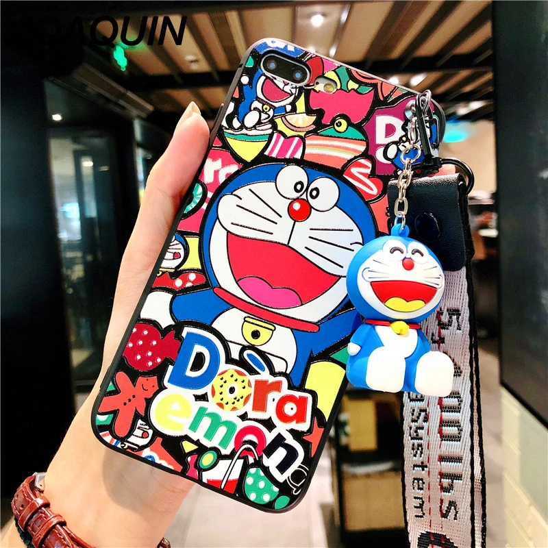 Cute 3D Cartoon Doraemon Case For iPhone 6 6s 7 8 Plus Cover Soft Silicone Protect X XS MAX XR Capa with Strap |