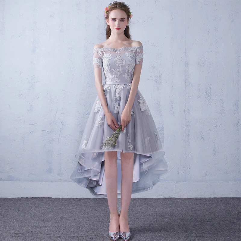 Robe de soiree/серое вечернее платье с вырезом лодочкой на шнуровке коротким передом и