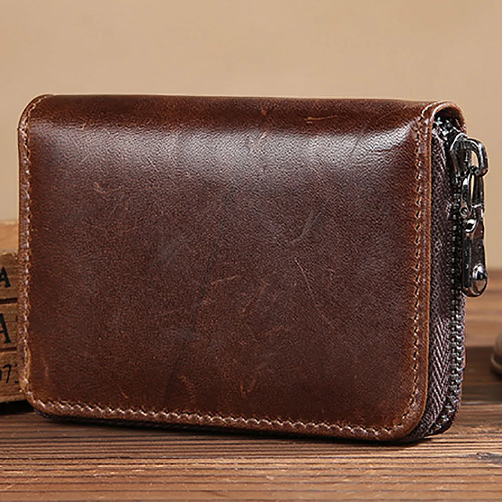 Genuine Leather Men Short Wallet Coin Pocket Credit/ID Card Holder High Quality Zipper Bifold Purse Vintage Clutch Money Bag | Багаж и