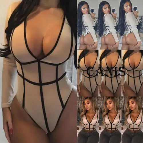 

NEW Summer Sexy Womens Stripe Mesh Bodycon Bandage Bodysuit Jumpsuit Romper Tops