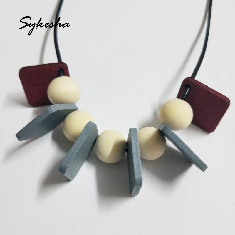

Natural Round Beads Colorful Square Wooden Charm Statement Necklace Women Girls Bohemia Party Jewelry