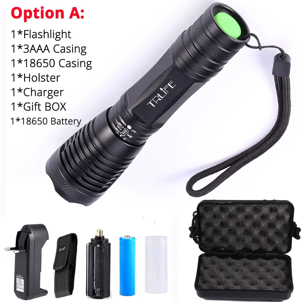 Option A Ультра яркий светодиодный фонарик T6/L2/V6 с лампочками, 5 режимов фонарей, масштабируемый светодиодный фонарь с аккумулятором 18650+ зарядное устройство+ подарочная коробка - Испускаемый цвет: Option A