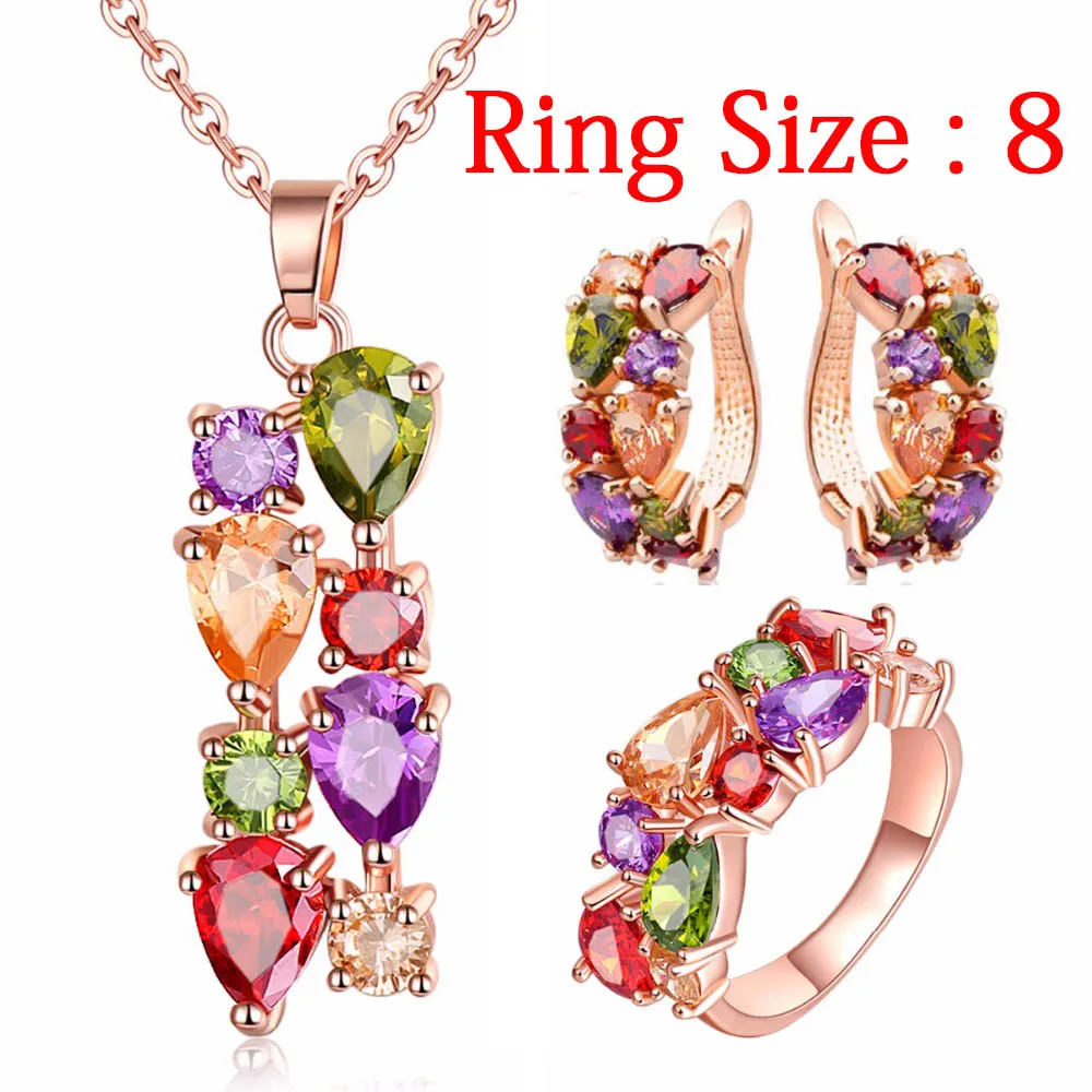 Ring Size 8 CARSINEL красочный комплект украшений кубический циркон Гипоаллергенное розовое золото цвет ожерелье/серьги/кольцо Свадебные ювелирные изделия для женщин - Окраска металла: Ring Size 8