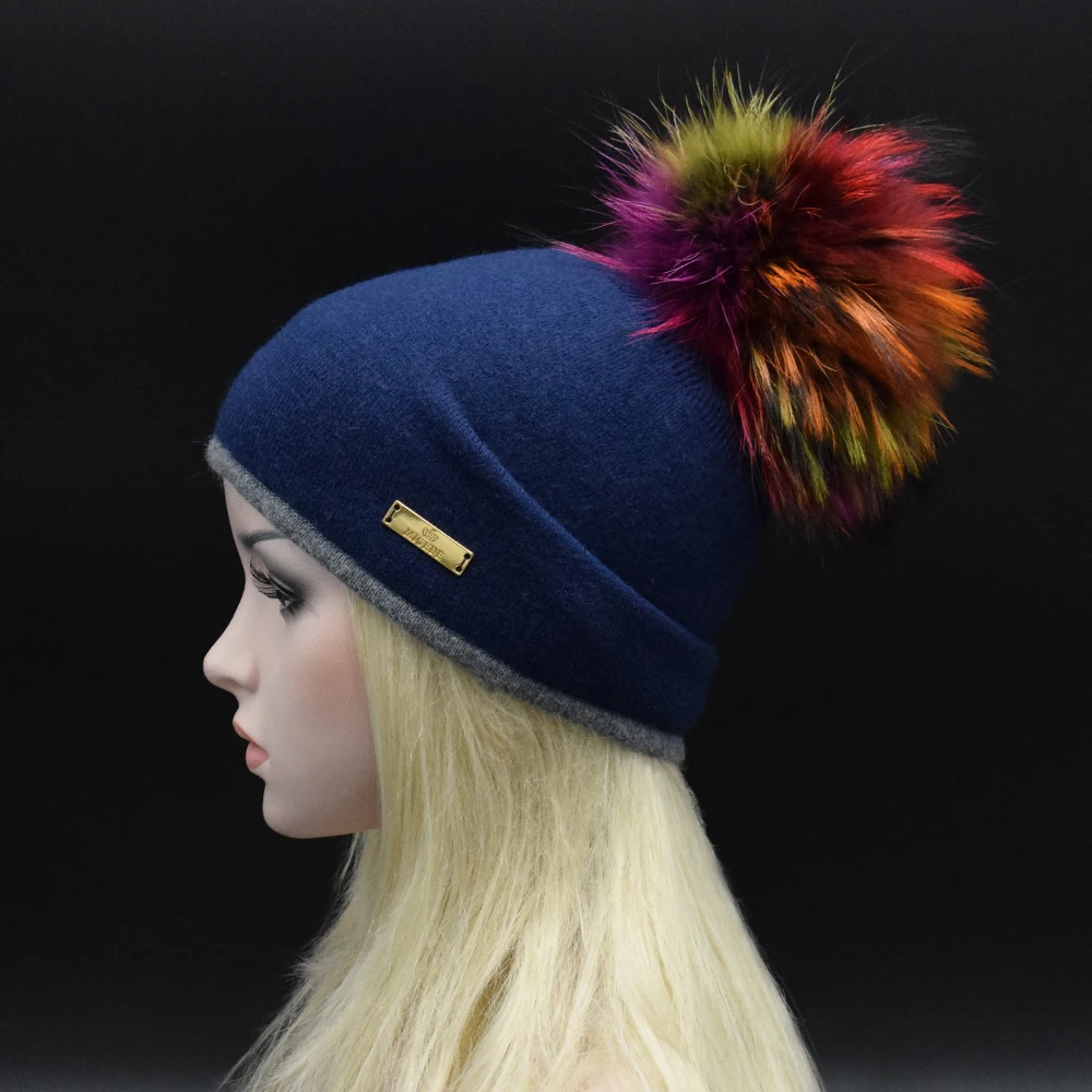 2017 Winter Luxury top 22cm Colorful raccoon fur pompoms Women Beanie hat Double knitting wool Metal Logo lady caps | Аксессуары для