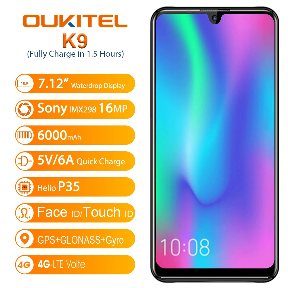 OUKITEL K9 водослива 7 12 &quotFHD + 1080*2244 4GB 64GB Face ID смартфон 16MP 2MP/8MP мобильный телефон 6000mAh 5