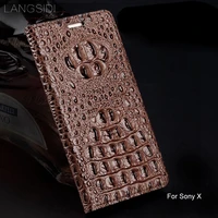 luxury genuine leather flip phone case crocodile back texture for sony x all handmade phone case